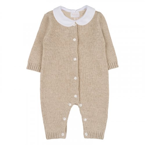 Beige open front yarn babygro with teddy bear_10460