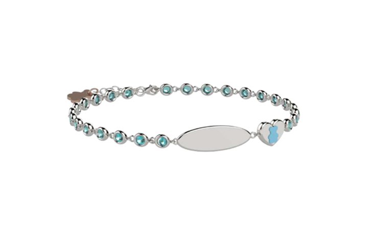 Bracciale Tennis in Argento 925 con pietre azzurre e targhetta incidibil