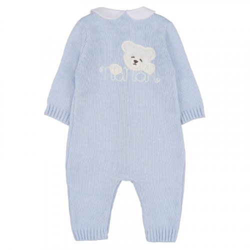 Light blue open front yarn babygro with teddy bear_10456