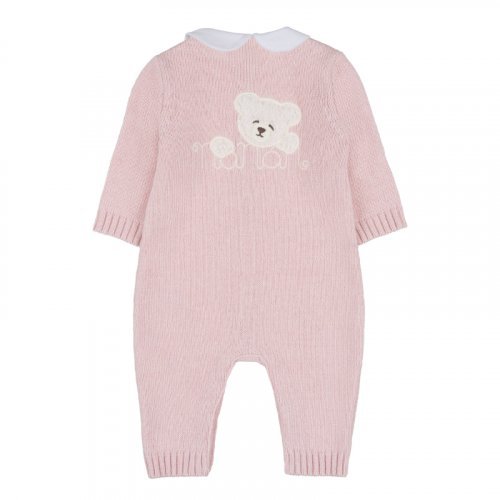 Pink open front yarn babygro with teddy bear_10458