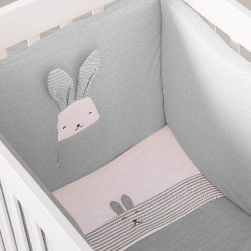 Ensemble housse de couette et tour de lit avec petit lapin gris_3149