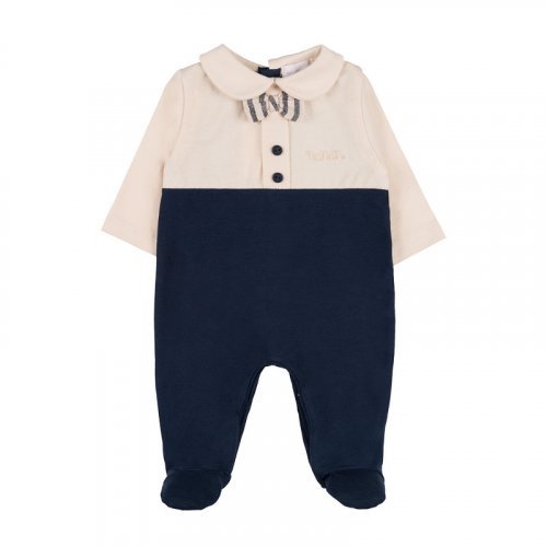 Two-tone babygro with striped bow tie