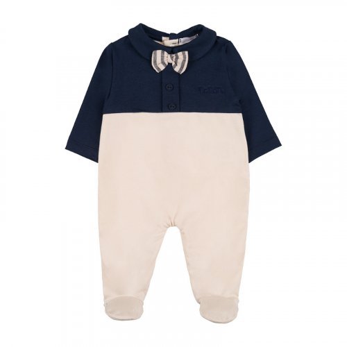 Two-tone babygro with striped bow tie