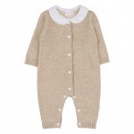 Beige open front yarn babygro with teddy bear_10460