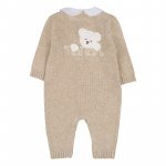 Beige open front yarn babygro with teddy bear_10461